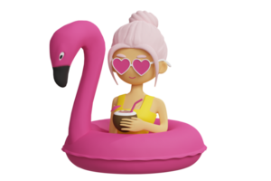 Cartoon cute female character in the heart shaped glasses swimming on inflatable pink flamingo holding coconut cocktail 3d rendered icon isolated png