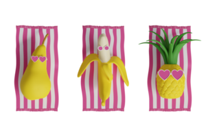 tekenfilm schattig ananas in de hart vormig bril, banaan en Peer fruit tekens aan het liegen Bij de strand nemen zonnebaden 3d weergegeven illustratie geïsoleerd png