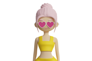 dessin animé mignonne femelle personnage dans le cœur en forme de des lunettes 3d rendu icône isolé png