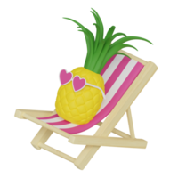 Cartoon cute pineapple in the heart shaped glasses in the sunbed at the beach taking sunbath 3d rendered icon isolated png