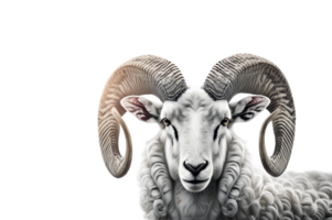 White ram with big horns on transparent background. 3D illustration. png