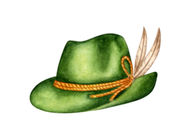 Bavarian green felt hat with feathers watercolor illustration. Oktoberfest concept traditional hat. Isolated from the background. Design element for festival, shop, market, poster, banner png