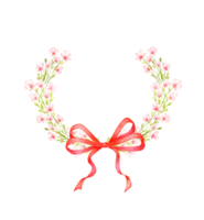 Flower pink small wildflowers with a bow wreath watercolor illustration. Summer meadow with floral print and wildflowers. Isolated from the background. For designing cards, invitations, wedding decor, png
