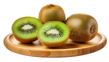 whole and cut fresh kiwi fruit on a wooden plate png