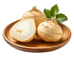 färsk jicama frukt på en trä- tallrik med en transparent bakgrund png