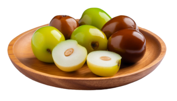 geheel en besnoeiing vers groen jujubes Aan een houten bord png