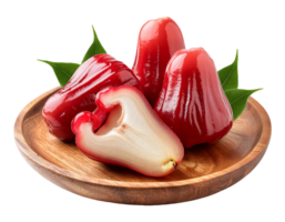 Frais Rose Pomme fruit sur une en bois assiette sur une transparent Contexte png