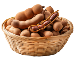 Delicious ripe tamarinds on wooden basket png