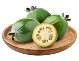 feijoa fruit on a wooden plate on a transparent background png