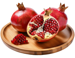 pomegranates on a wooden plate with a transparent background png