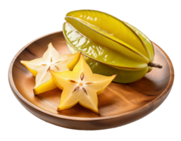 Fresh star fruit on a wooden plate with a transparent background png