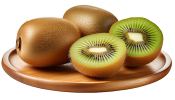 whole and cut fresh kiwi fruit on a wooden plate png