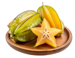 Fresh star fruit on a wooden plate with a transparent background png