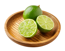 Frais vert citron vert sur une en bois assiette sur une transparent Contexte png