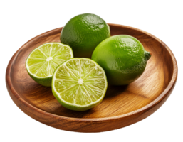 fresh green lime on a wooden plate on a transparent background png