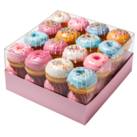 A box filled with lots of colorful donuts isolated on transparent background png