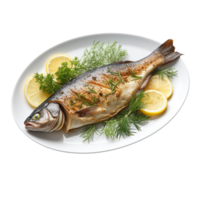 A fried trout with lemon and dill isolated on transparent background png