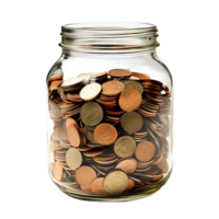 A glass jar full of golden coins isolated on transparent background png