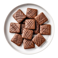 een bord met plein vormig chocola koekjes top visie geïsoleerd Aan transparant achtergrond png