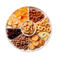 A plate full of delicious snacks on a white plate top view isolated on transparent background png