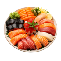 A platter of different types of sushi isolated on transparent background png