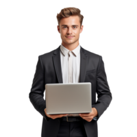 A young Businessman Stands Confidently Holding his Laptop isolated on transparent background png