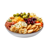 A snack bowl of savoury party food isolated on transparent background png