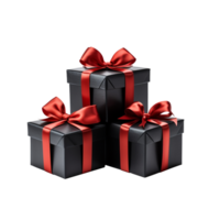 Black gift boxes with red ribbon isolated on transparent background png