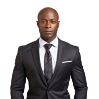 Black bald businessman in a suit isolated on transparent background png