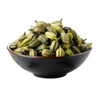 cardamomo vainas en negro cuenco aislado en transparente antecedentes png