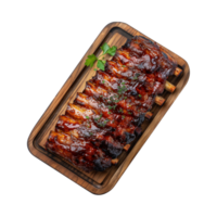 grilled spare ribs on wooden cutting board isolated on a transparent background, top view png