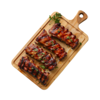 grilled spare ribs on wooden cutting board isolated on a transparent background, top view png