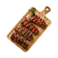 grillé de rechange travers de porc sur en bois Coupe planche isolé sur une transparent arrière-plan, Haut vue png