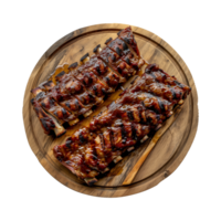 grilled spare ribs on wooden cutting board isolated on a transparent background, top view png