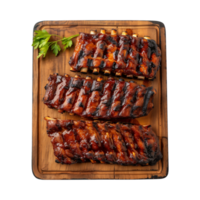 grilled spare ribs on wooden cutting board isolated on a transparent background, top view png