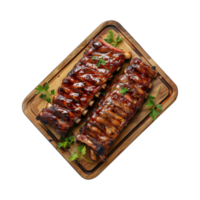 grilled spare ribs on wooden cutting board isolated on a transparent background, top view png