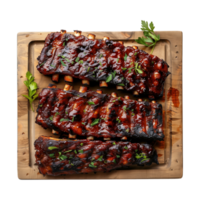 grilled spare ribs on wooden cutting board isolated on a transparent background, top view png