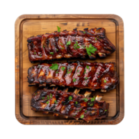 grilled spare ribs on wooden cutting board isolated on a transparent background, top view png