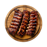 grilled spare ribs on wooden cutting board isolated on a transparent background, top view png