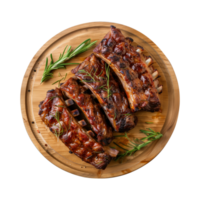 grilled spare ribs on wooden cutting board isolated on a transparent background, top view png