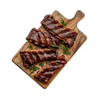 grilled spare ribs on wooden cutting board isolated on a transparent background, top view png