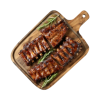 grilled spare ribs on wooden cutting board isolated on a transparent background, top view png