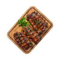 grilled spare ribs on wooden cutting board isolated on a transparent background, top view png