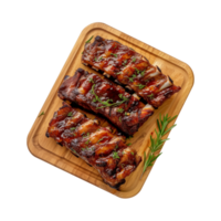 grilled spare ribs on wooden cutting board isolated on a transparent background, top view png