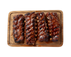 grilled spare ribs on wooden cutting board isolated on a transparent background, top view png