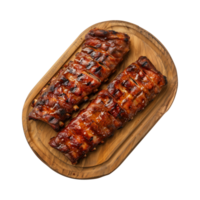 grilled spare ribs on wooden cutting board isolated on a transparent background, top view png