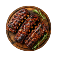 grilled spare ribs on wooden cutting board isolated on a transparent background, top view png