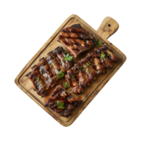 grilled spare ribs on wooden cutting board isolated on a transparent background, top view png