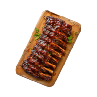 grilled spare ribs on wooden cutting board isolated on a transparent background, top view png