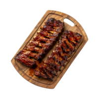 grillé de rechange travers de porc sur en bois Coupe planche isolé sur une transparent arrière-plan, Haut vue png